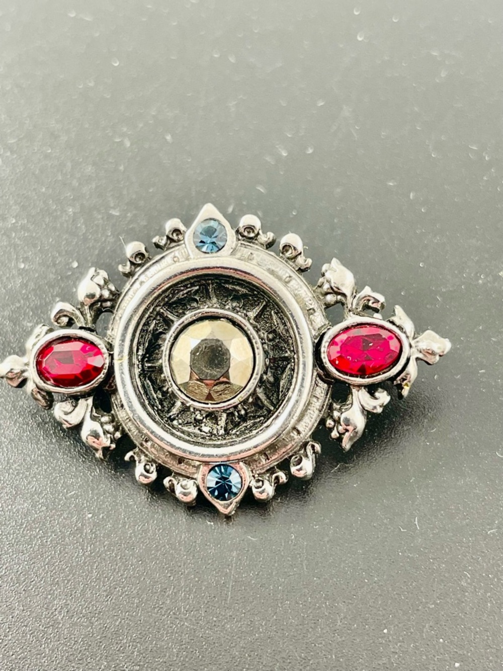 Vintage-Inspired Silver-tone Brooch with Red and Blue Stones